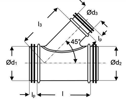 TDG45-200100 - T-stuk 45 graden van staal met afdichtingsrubber - Ø200mm met aftakking Ø100